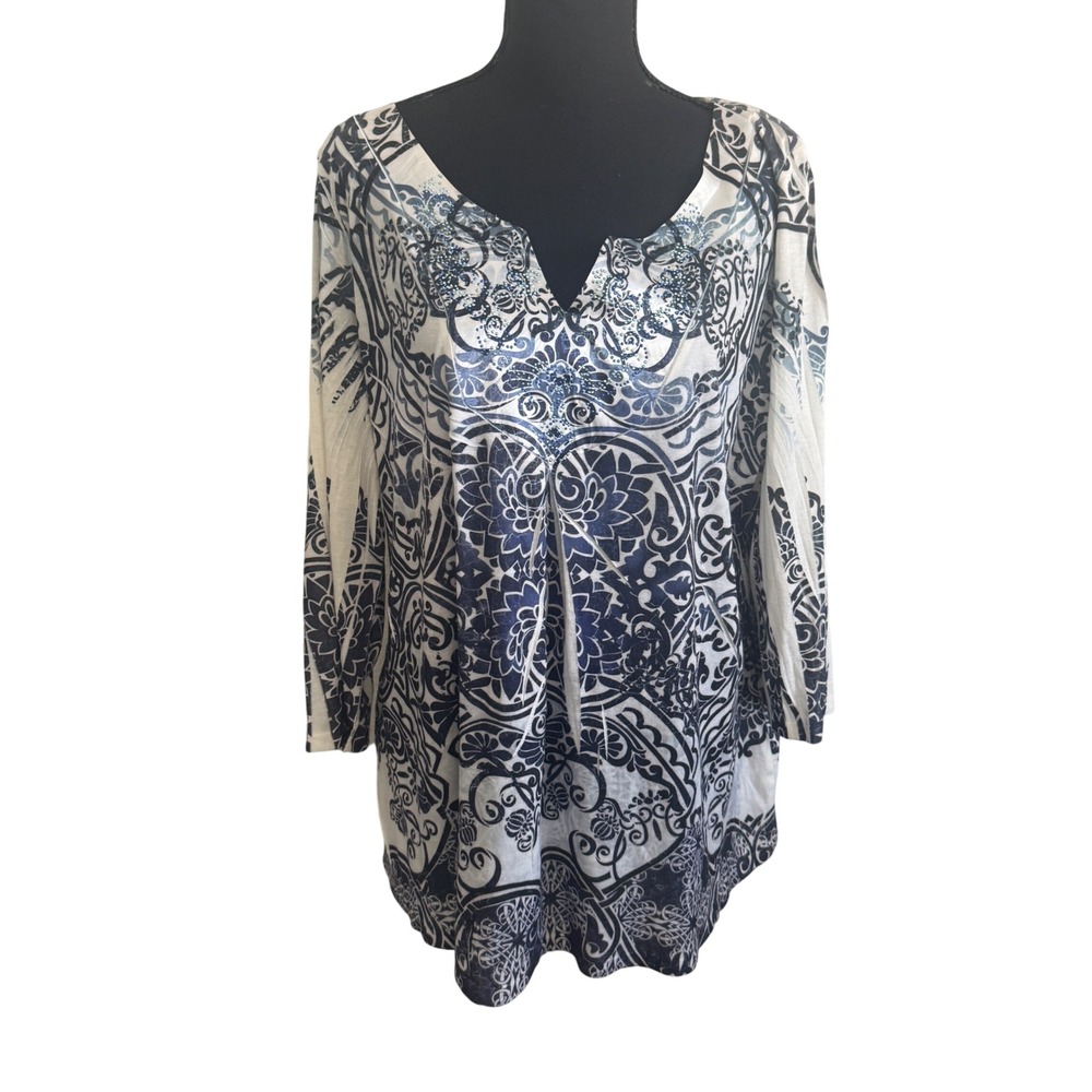 One World Womens Blue Paisley Rhinestone Tunic Top 2X Boho Artistic Lightweight